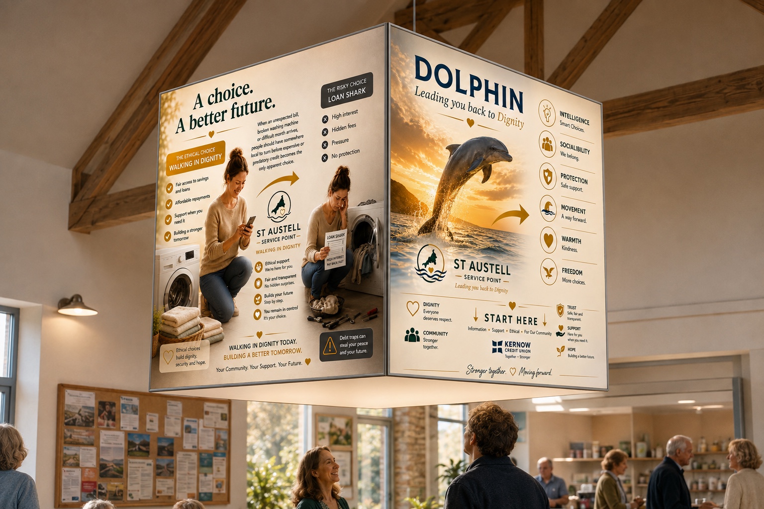 The hanging Community Service Point Cube showing A Choice and The Dolphin