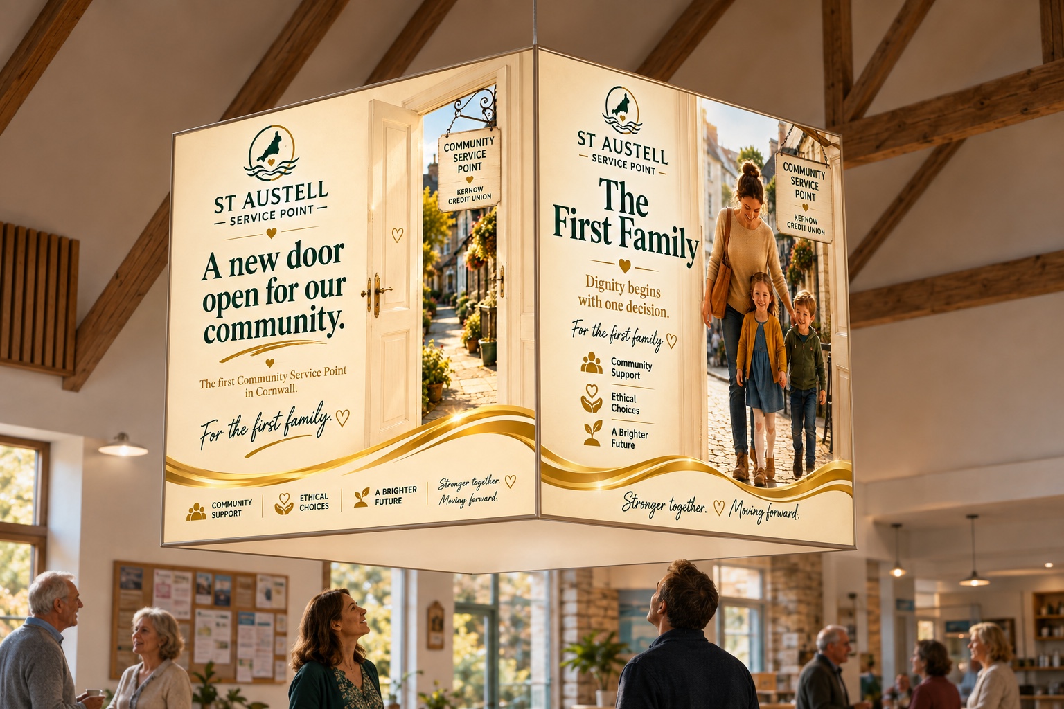 The hanging Community Service Point Cube showing A New Door and The First Family
